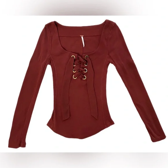 Free People Looking Back Rust Lace Up Shirt - Picture 2 of 6